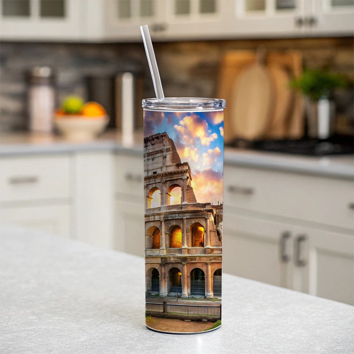 Ancient Rome Coliseum at Sunset Skinny Tumbler 20oz with Straw Insulated Water Bottle Gift