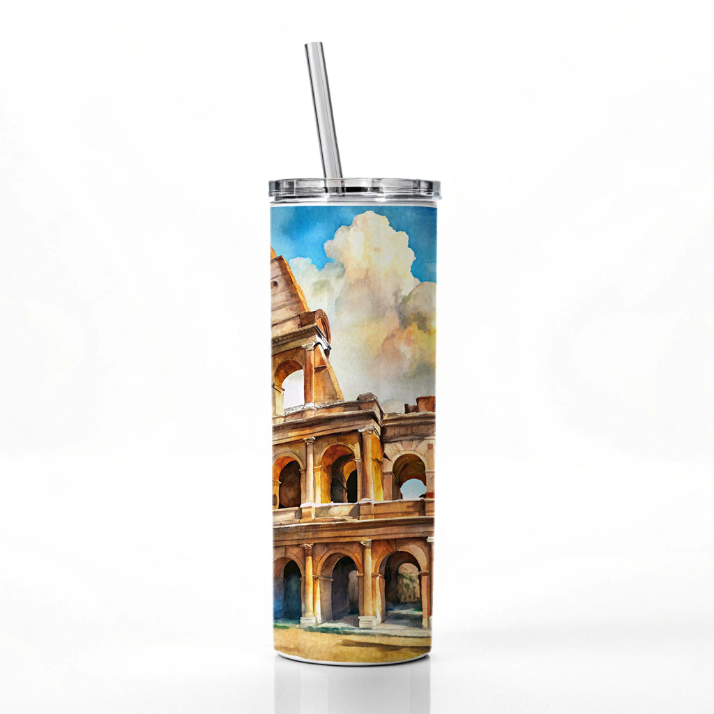Ancient Rome Coliseum Watercolor Skinny Tumbler 20oz with Straw Insulated Water Bottle Gift
