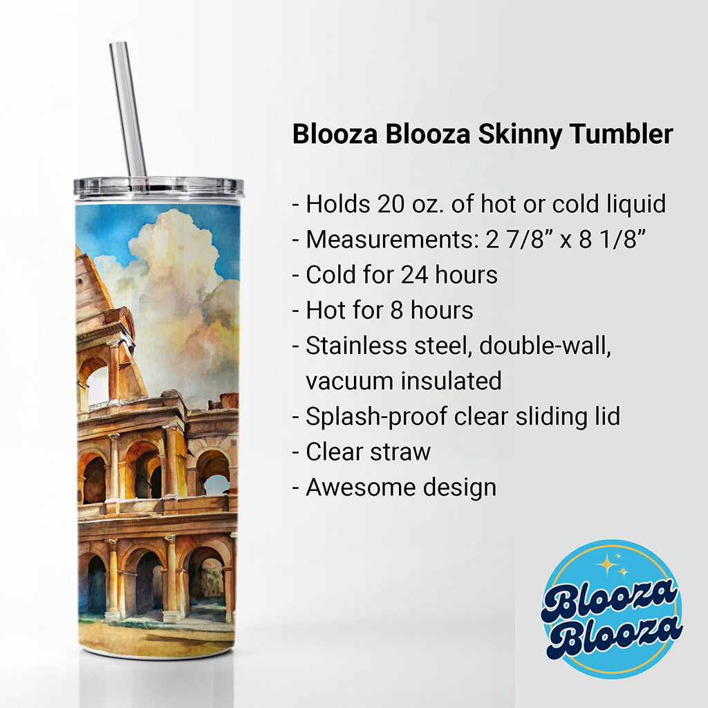 Ancient Rome Coliseum Watercolor Skinny Tumbler 20oz with Straw Insulated Water Bottle Gift