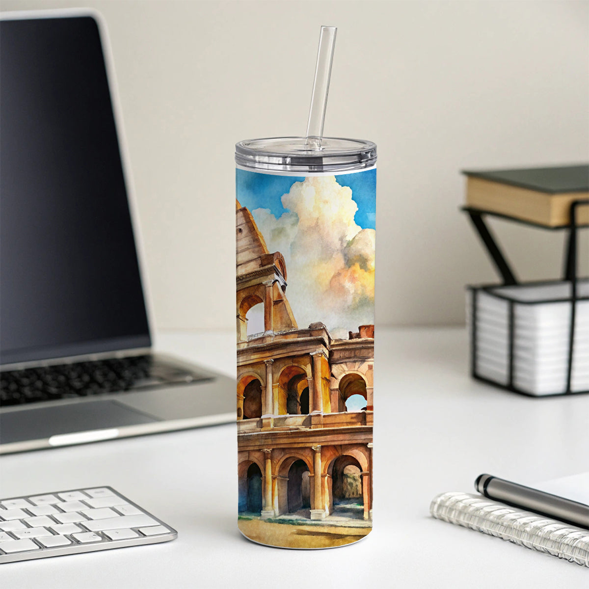 Ancient Rome Coliseum Watercolor Skinny Tumbler 20oz with Straw Insulated Water Bottle Gift