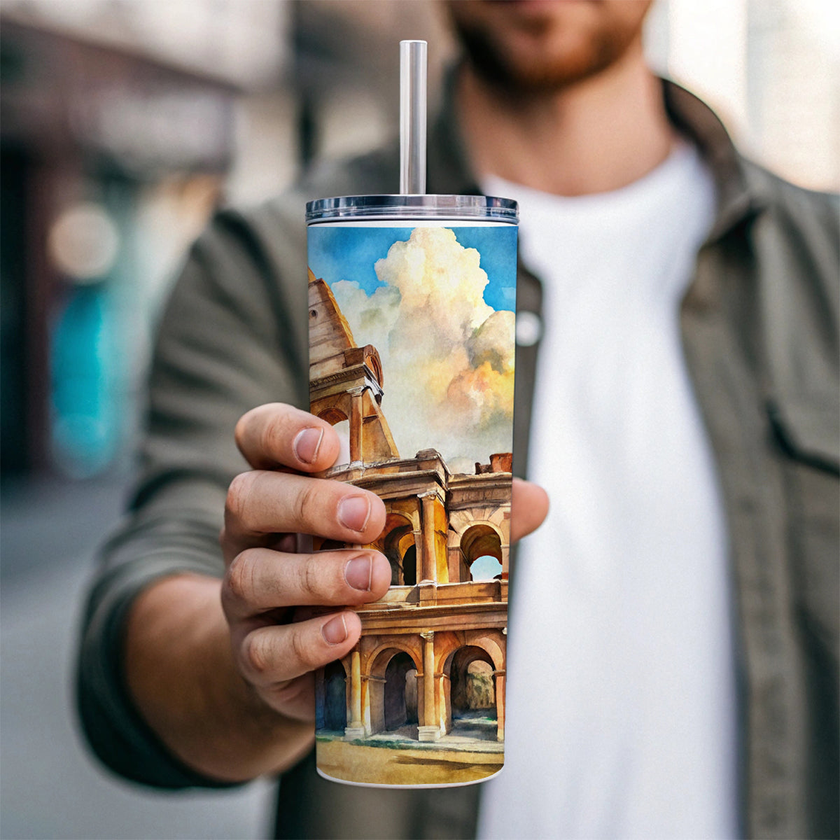 Ancient Rome Coliseum Watercolor Skinny Tumbler 20oz with Straw Insulated Water Bottle Gift