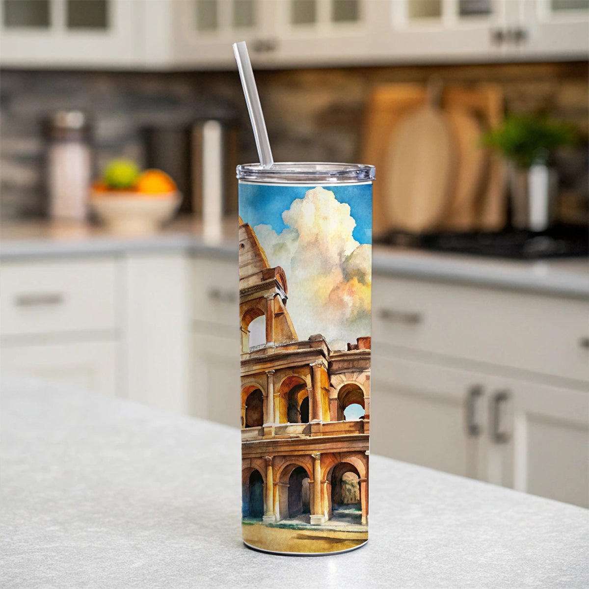 Ancient Rome Coliseum Watercolor Skinny Tumbler 20oz with Straw Insulated Water Bottle Gift