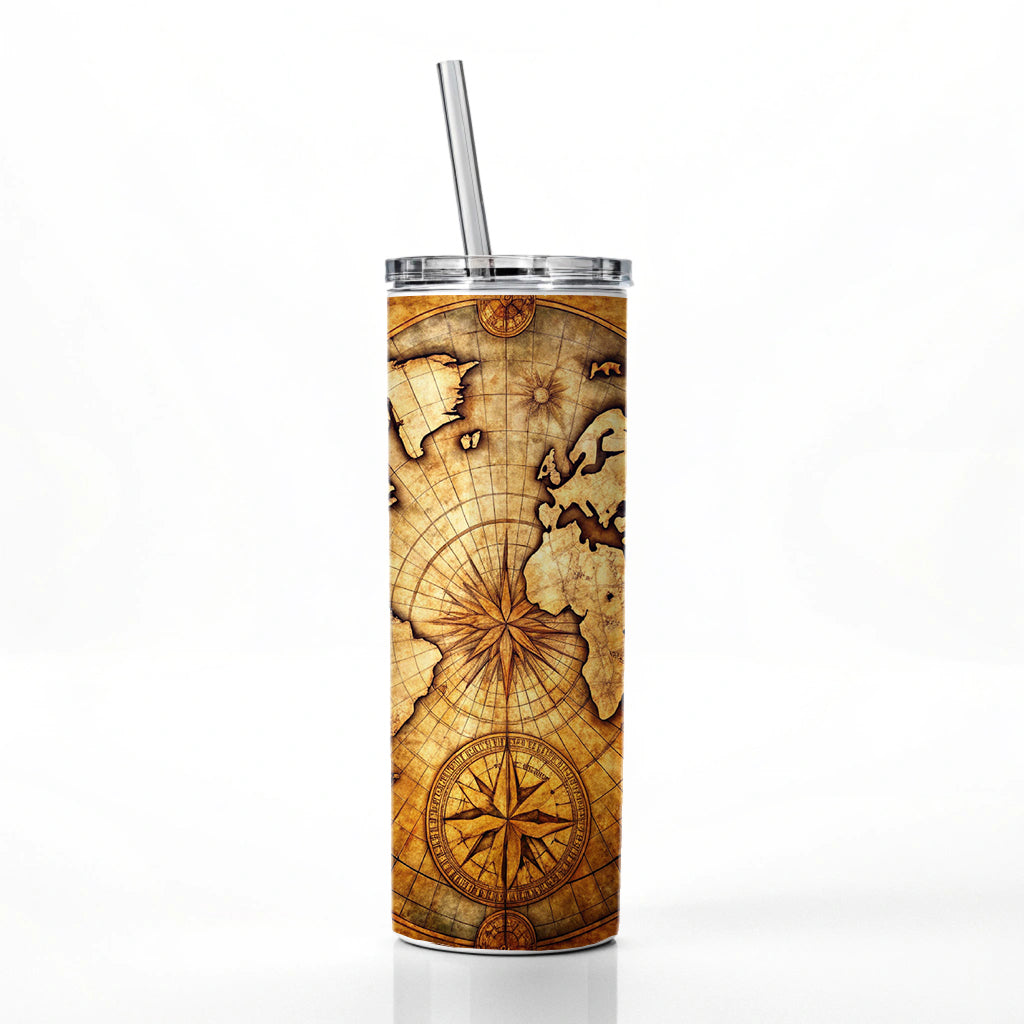 Ancient World Map with Compass Rose Skinny Tumbler 20oz with Straw Insulated Water Bottle Gift