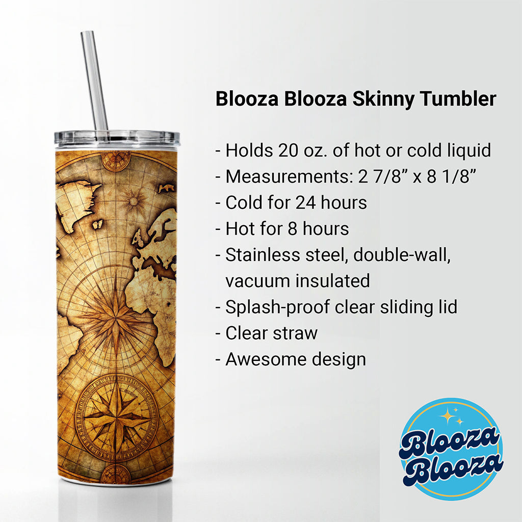 Ancient World Map with Compass Rose Skinny Tumbler 20oz with Straw Insulated Water Bottle Gift
