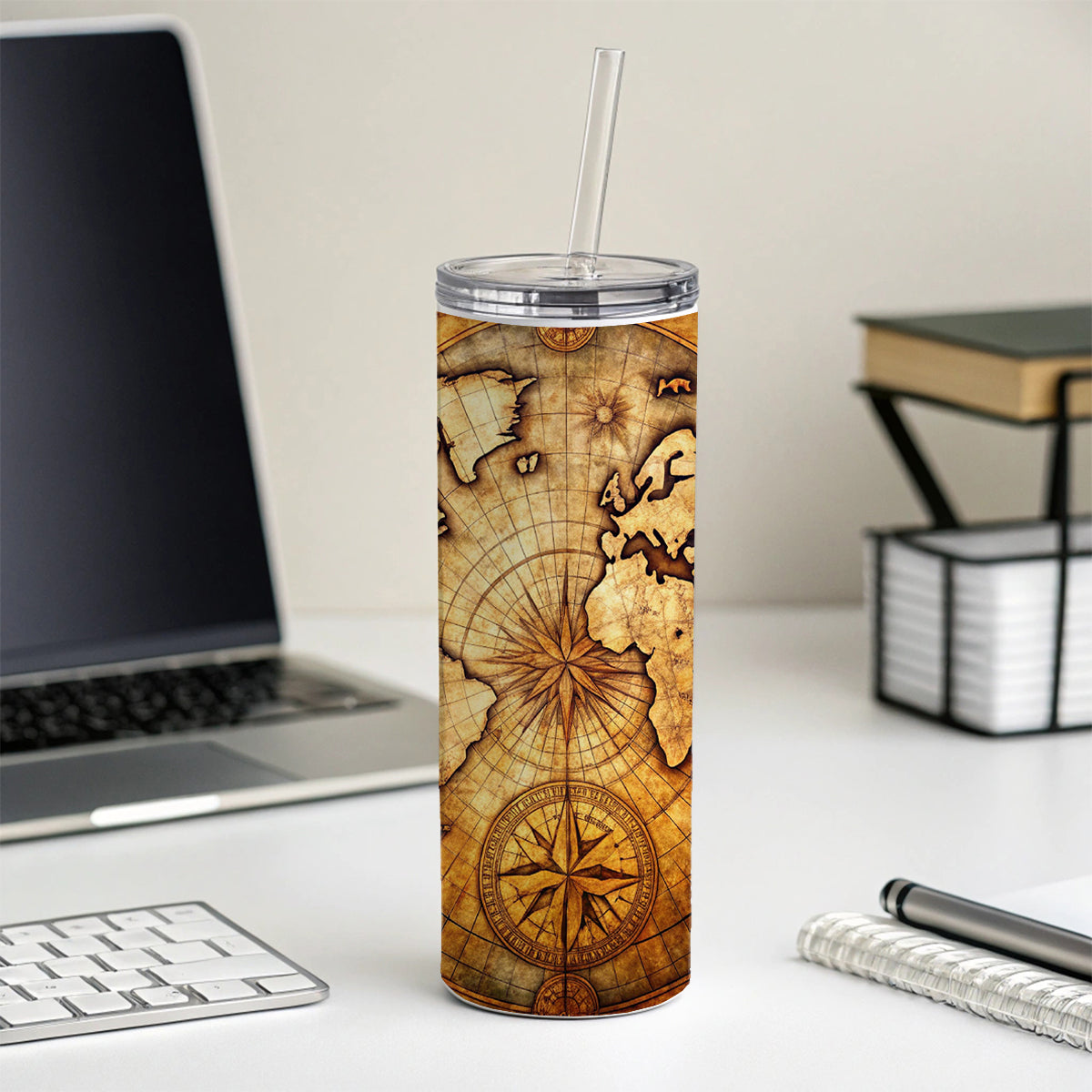 Ancient World Map with Compass Rose Skinny Tumbler 20oz with Straw Insulated Water Bottle Gift