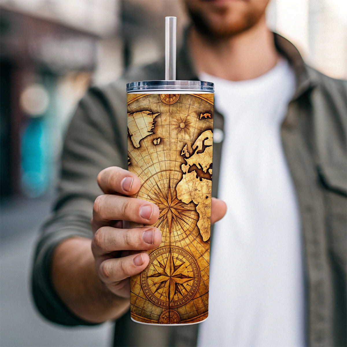 Ancient World Map with Compass Rose Skinny Tumbler 20oz with Straw Insulated Water Bottle Gift
