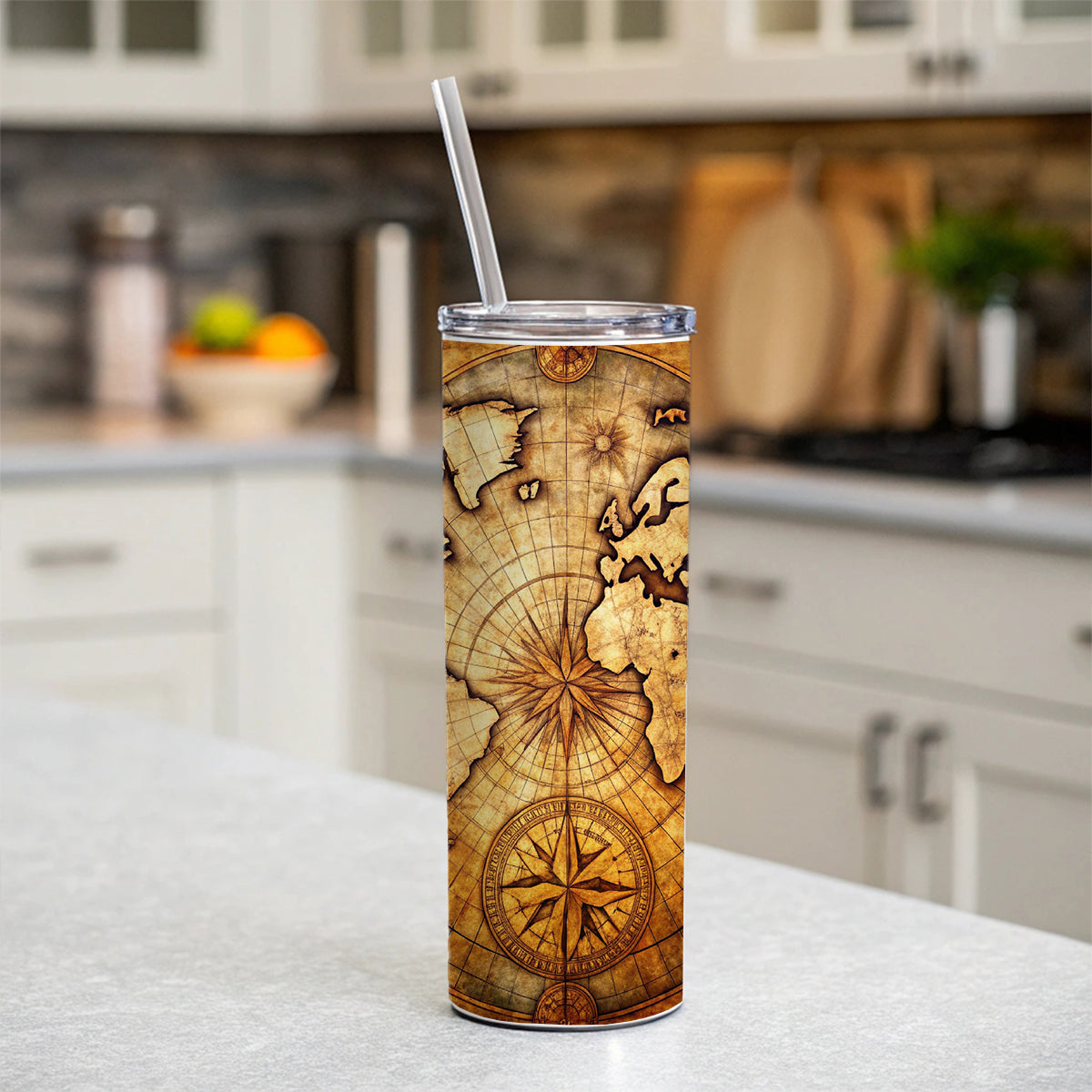 Ancient World Map with Compass Rose Skinny Tumbler 20oz with Straw Insulated Water Bottle Gift