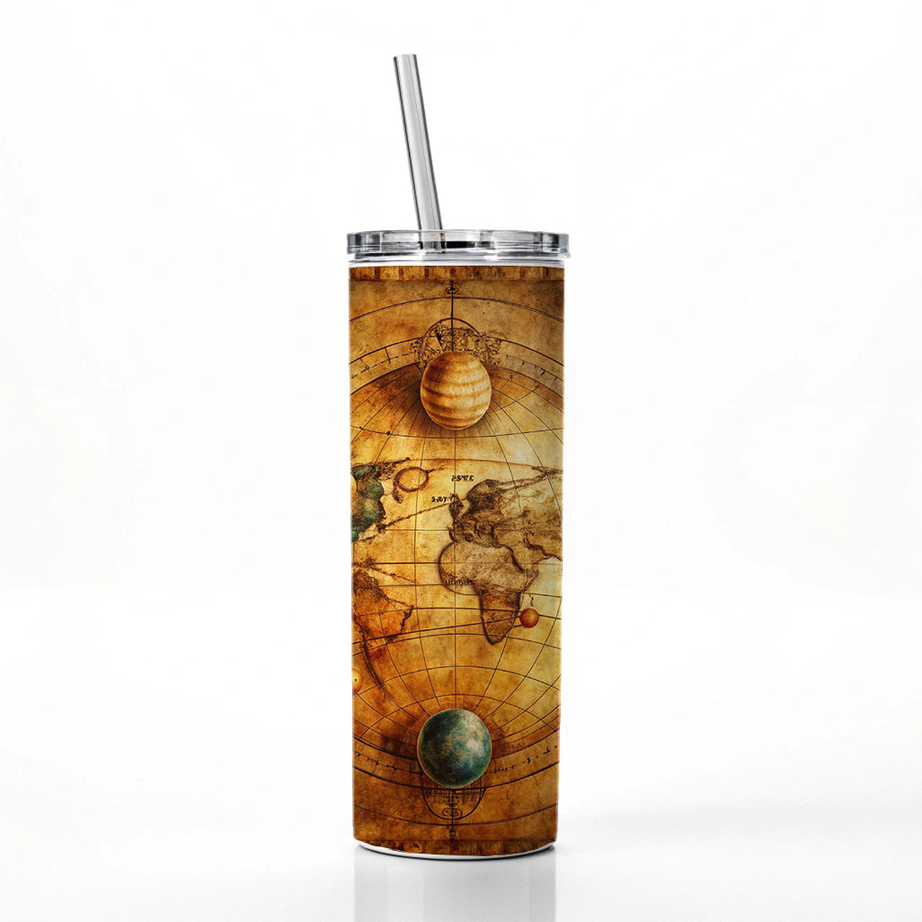 Ancient Worn Map Of The Earth and Solar System Skinny Tumbler 20oz with Straw Insulated Water Bottle Gift