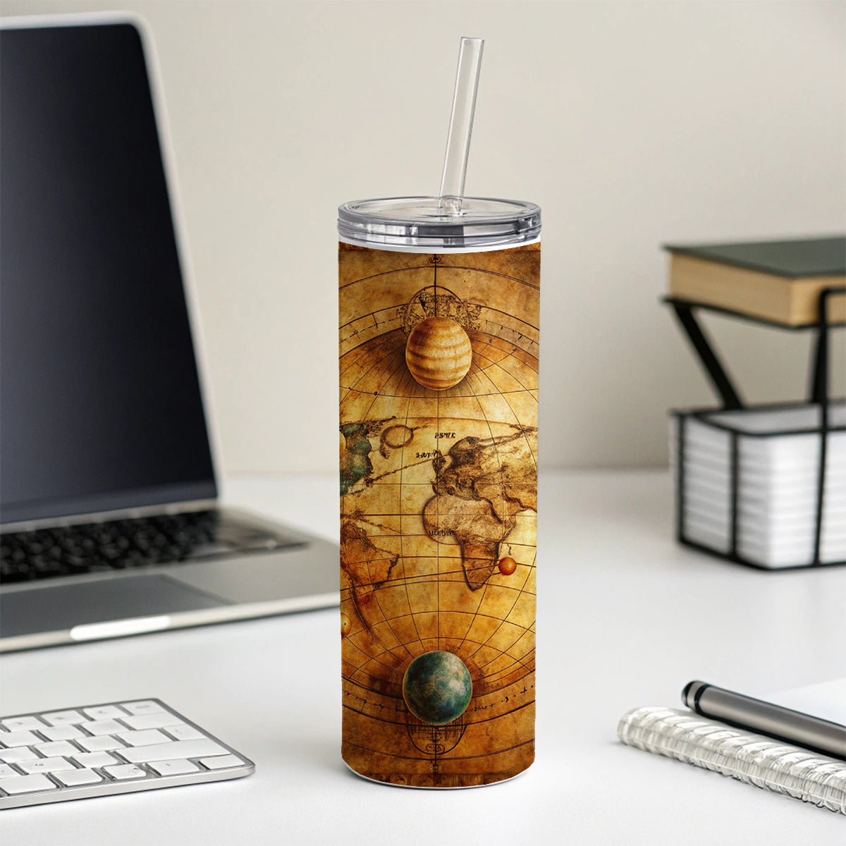 Ancient Worn Map Of The Earth and Solar System Skinny Tumbler 20oz with Straw Insulated Water Bottle Gift