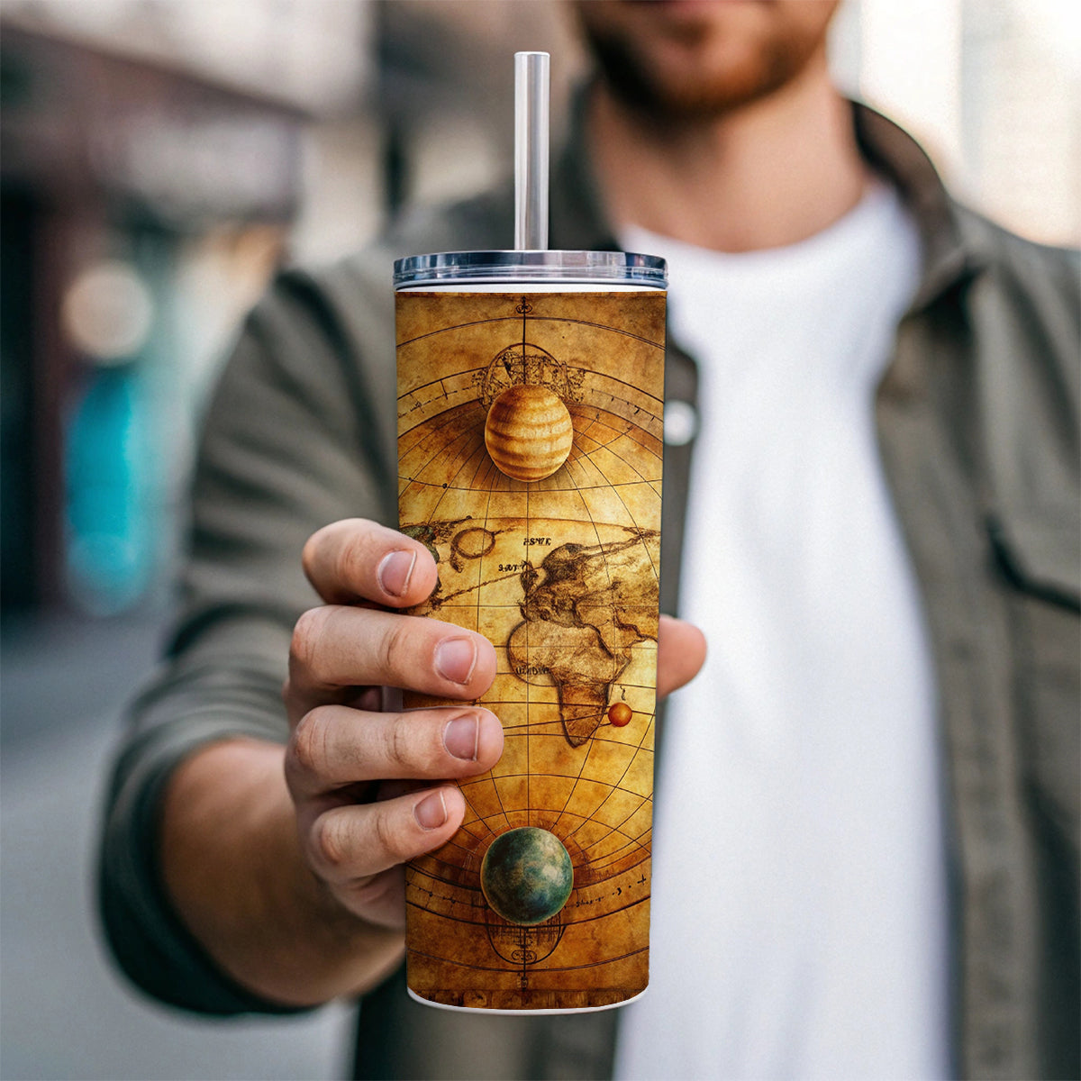 Ancient Worn Map Of The Earth and Solar System Skinny Tumbler 20oz with Straw Insulated Water Bottle Gift