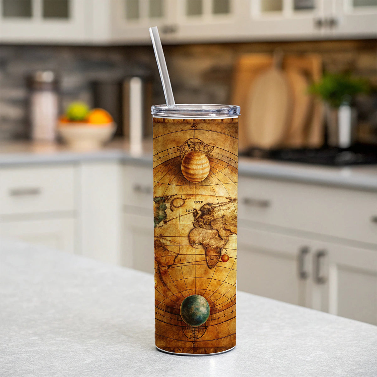 Ancient Worn Map Of The Earth and Solar System Skinny Tumbler 20oz with Straw Insulated Water Bottle Gift