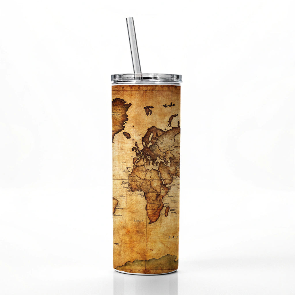 Ancient Worn Map Of The World Continents Skinny Tumbler 20oz with Straw Insulated Water Bottle Gift