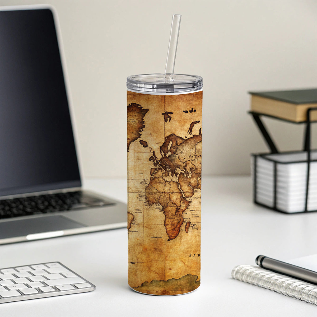Ancient Worn Map Of The World Continents Skinny Tumbler 20oz with Straw Insulated Water Bottle Gift