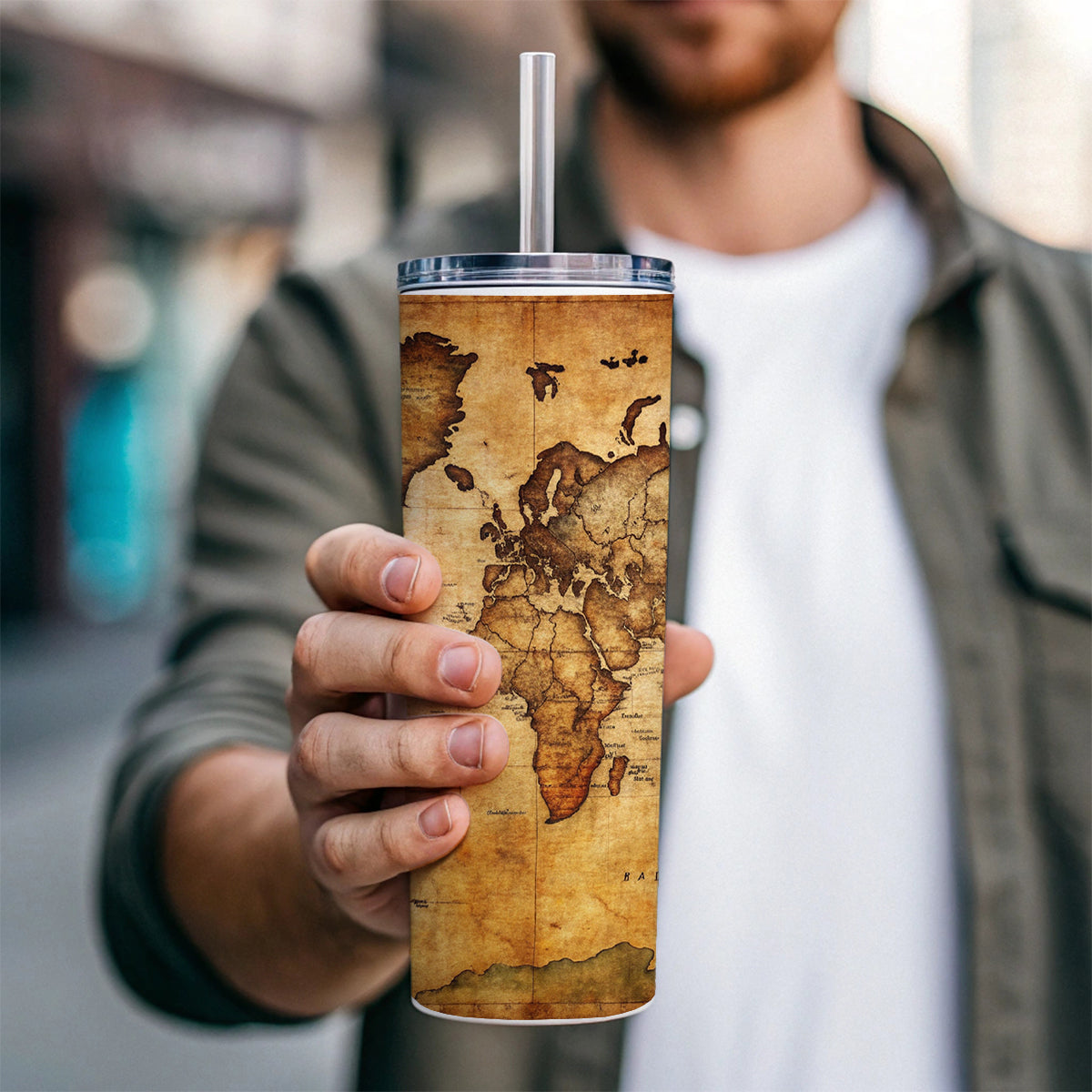 Ancient Worn Map Of The World Continents Skinny Tumbler 20oz with Straw Insulated Water Bottle Gift