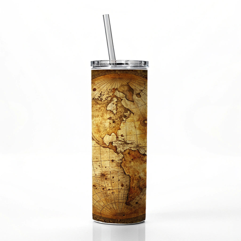 Ancient Worn Map the Earth Globe and Planets Skinny Tumbler 20oz with Straw Insulated Water Bottle Gift