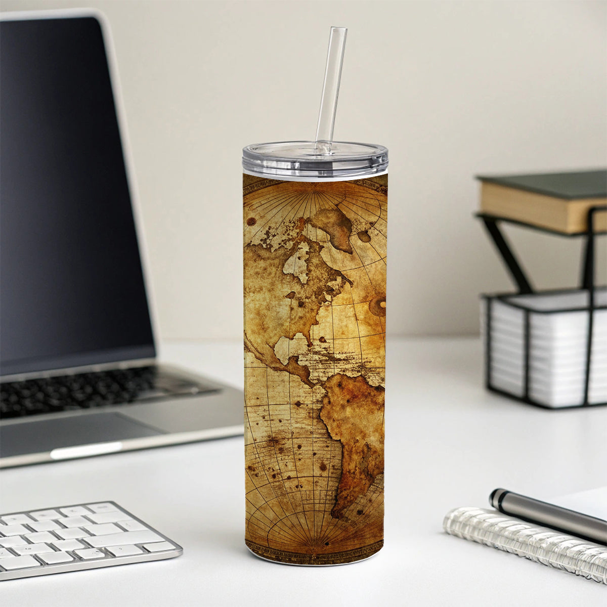 Ancient Worn Map the Earth Globe and Planets Skinny Tumbler 20oz with Straw Insulated Water Bottle Gift