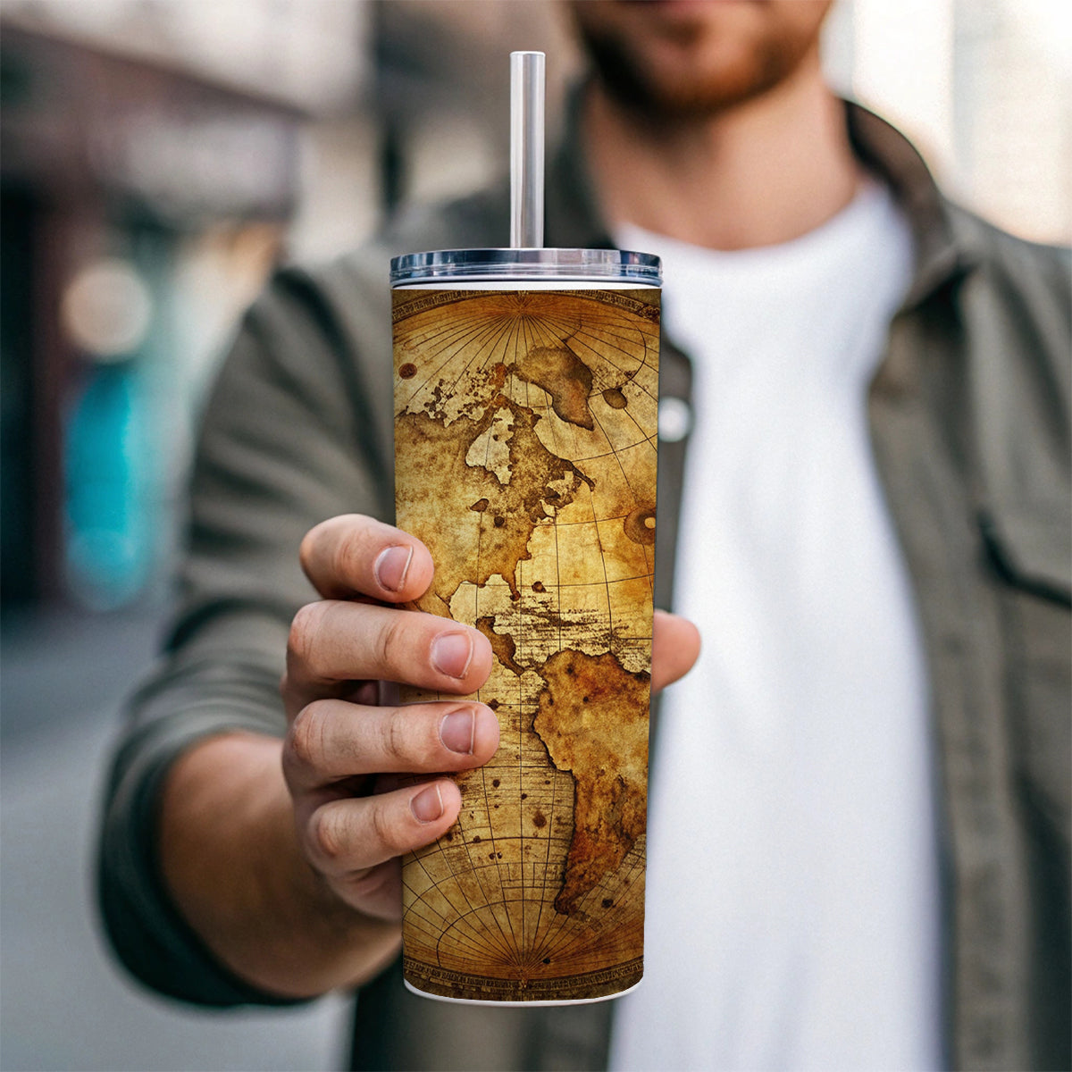 Ancient Worn Map the Earth Globe and Planets Skinny Tumbler 20oz with Straw Insulated Water Bottle Gift