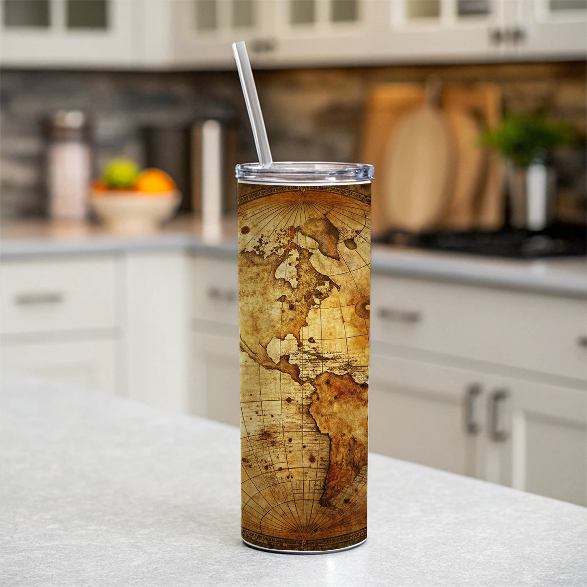 Ancient Worn Map the Earth Globe and Planets Skinny Tumbler 20oz with Straw Insulated Water Bottle Gift