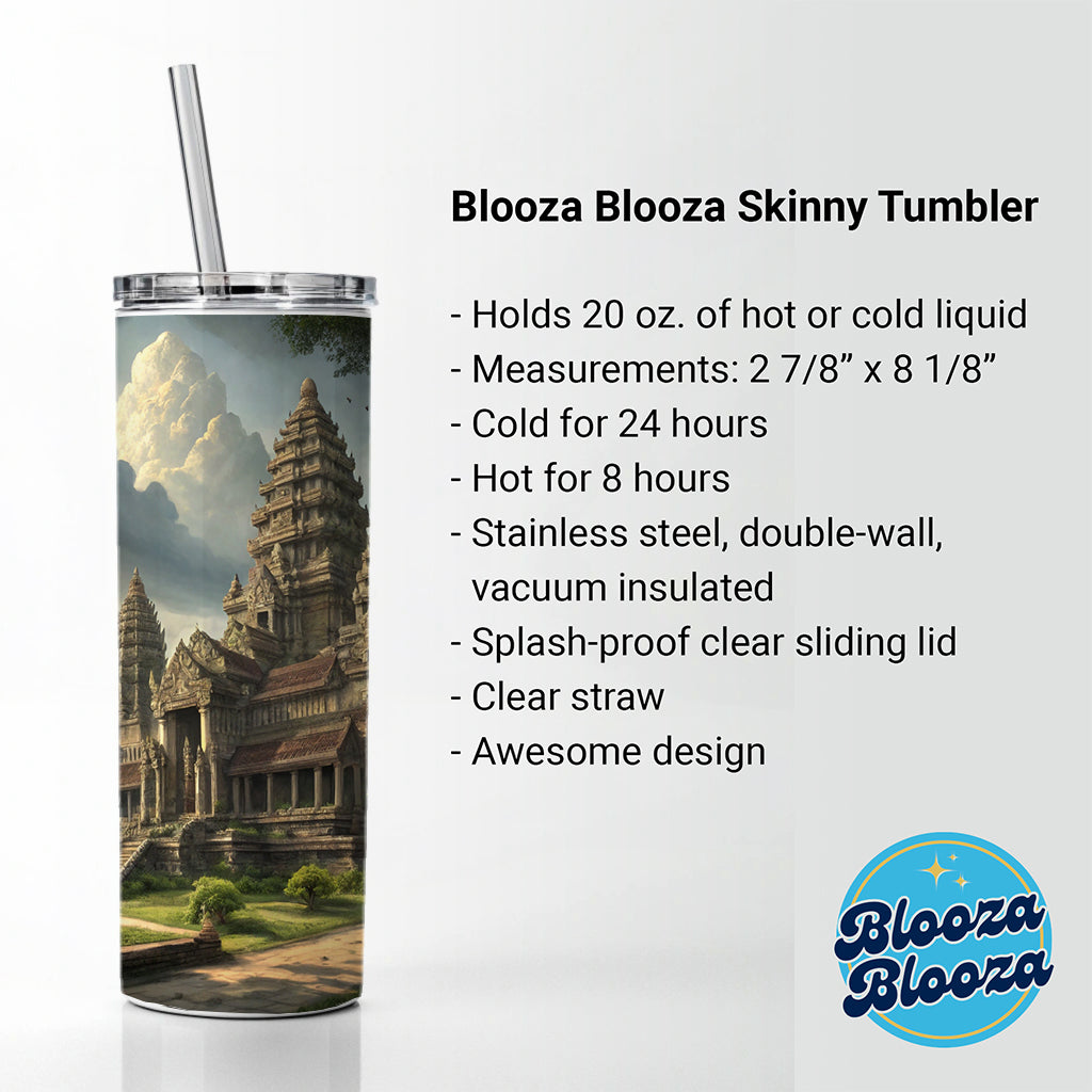 Angkor Wat Hindu Buddhist Temple Cambodia Skinny Tumbler 20oz with Straw Insulated Water Bottle Gift