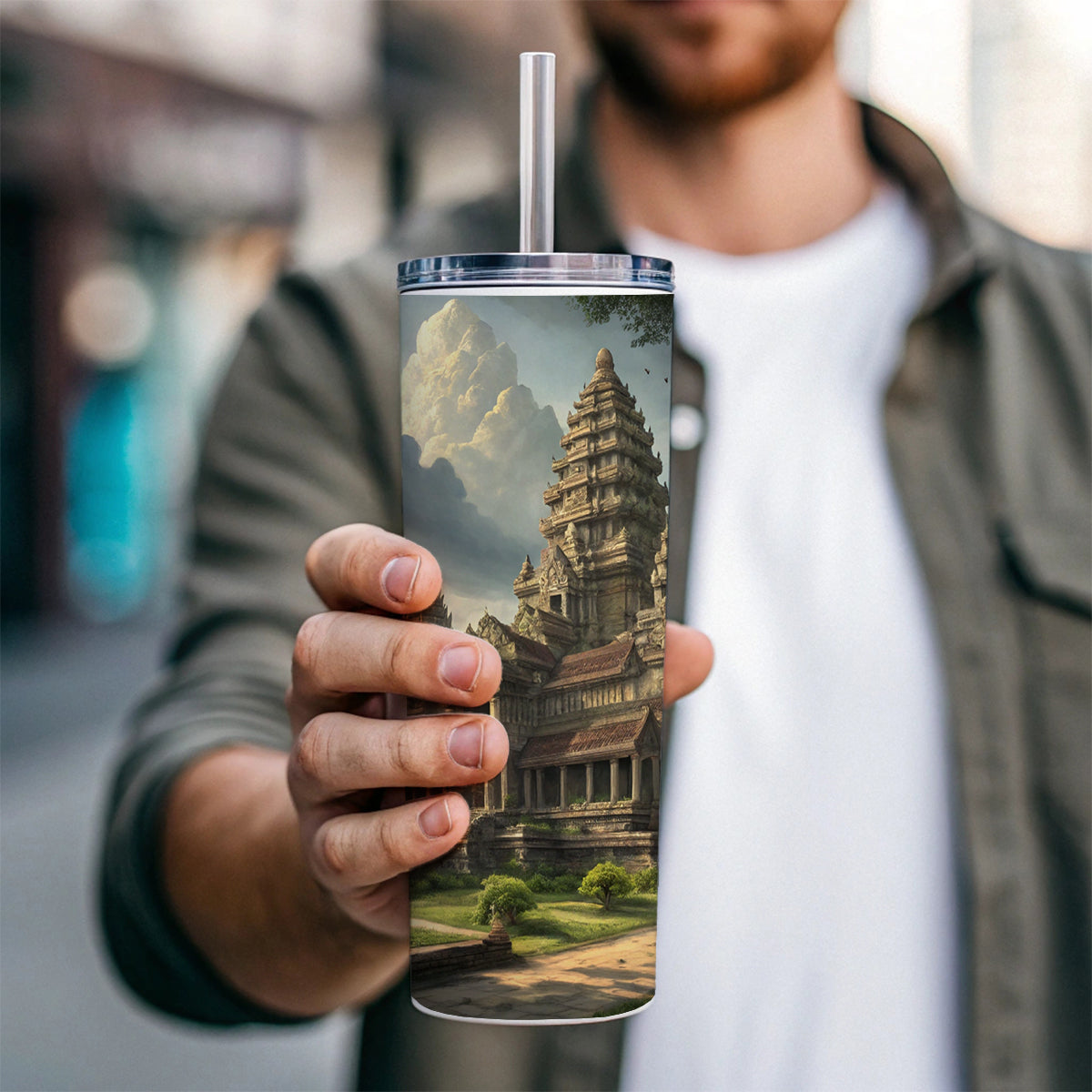 Angkor Wat Hindu Buddhist Temple Cambodia Skinny Tumbler 20oz with Straw Insulated Water Bottle Gift