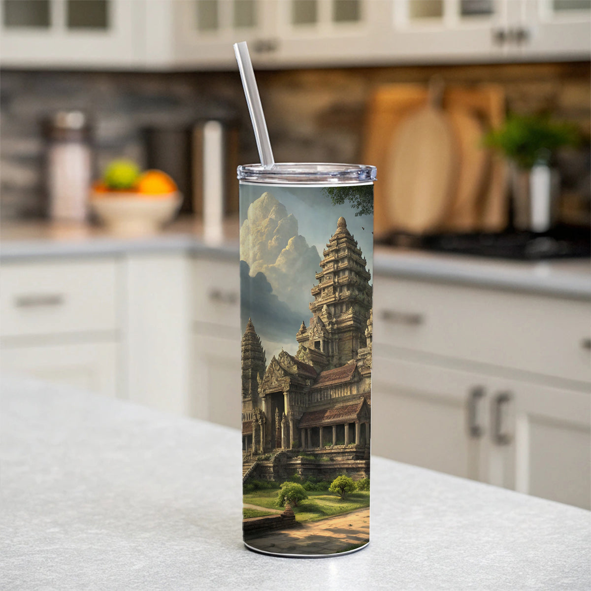Angkor Wat Hindu Buddhist Temple Cambodia Skinny Tumbler 20oz with Straw Insulated Water Bottle Gift