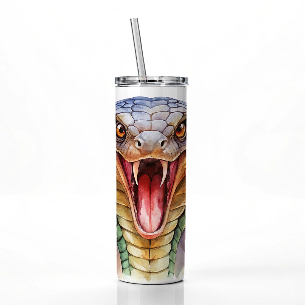 Angry Cobra Snake Reptile Close-up Watercolor Skinny Tumbler 20oz with Straw Insulated Water Bottle Gift