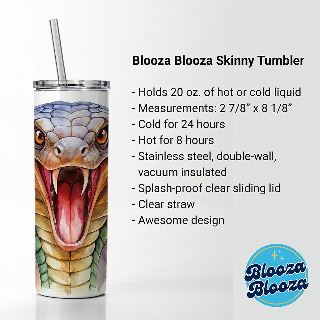 Angry Cobra Snake Reptile Close-up Watercolor Skinny Tumbler 20oz with Straw Insulated Water Bottle Gift