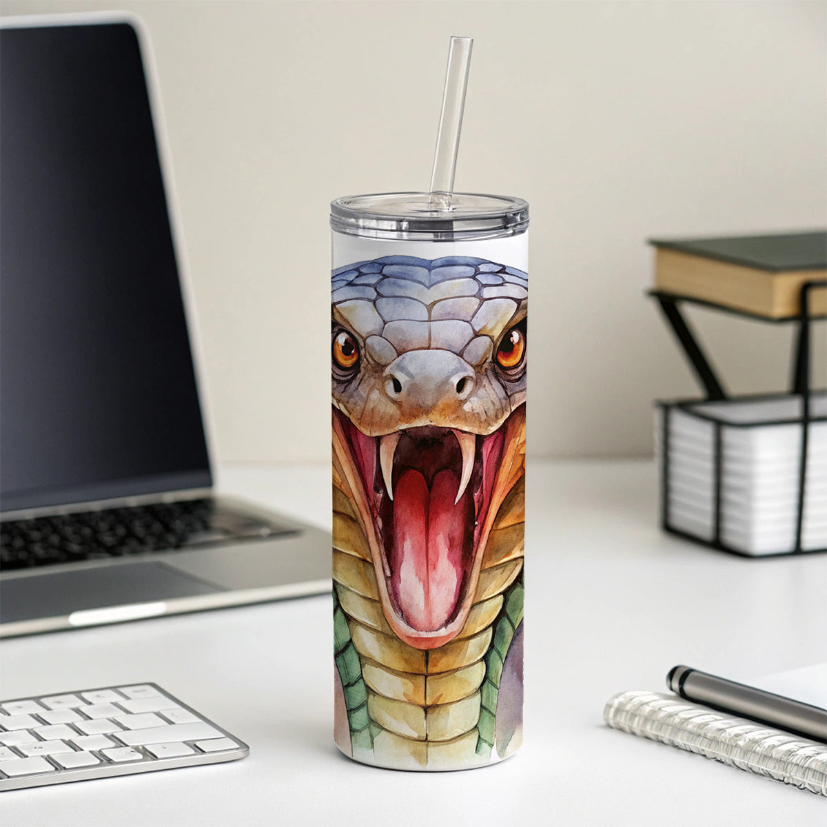 Angry Cobra Snake Reptile Close-up Watercolor Skinny Tumbler 20oz with Straw Insulated Water Bottle Gift