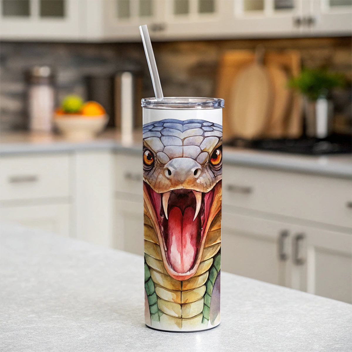 Angry Cobra Snake Reptile Close-up Watercolor Skinny Tumbler 20oz with Straw Insulated Water Bottle Gift