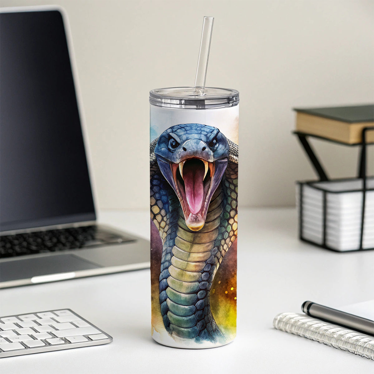 Angry Cobra Snake Reptile Watercolor Skinny Tumbler 20oz with Straw Insulated Water Bottle Gift