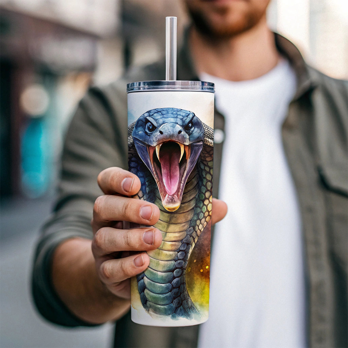Angry Cobra Snake Reptile Watercolor Skinny Tumbler 20oz with Straw Insulated Water Bottle Gift