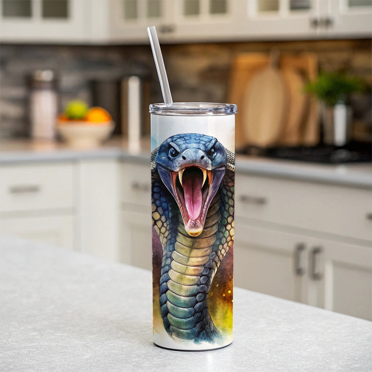 Angry Cobra Snake Reptile Watercolor Skinny Tumbler 20oz with Straw Insulated Water Bottle Gift