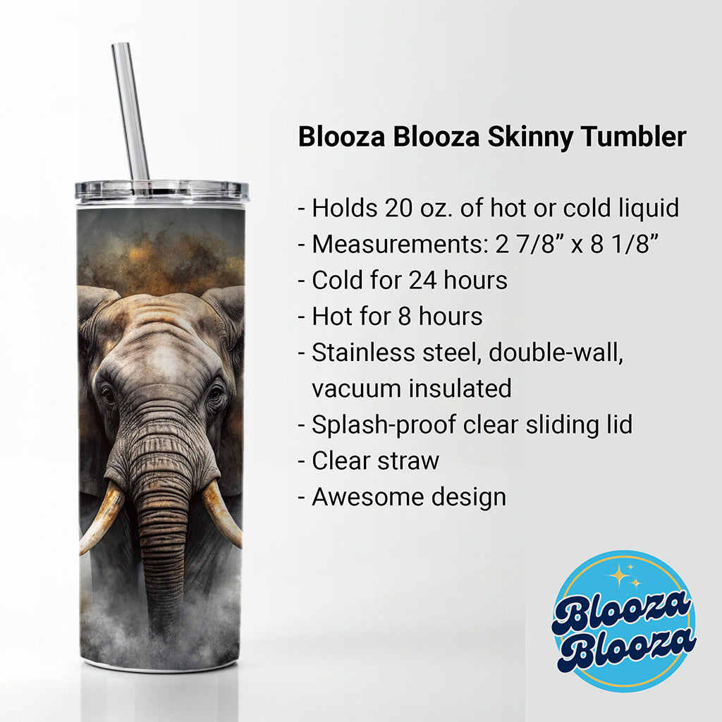 Angry Elephant Black Watercolor Skinny Tumbler 20oz with Straw Insulated Water Bottle Gift