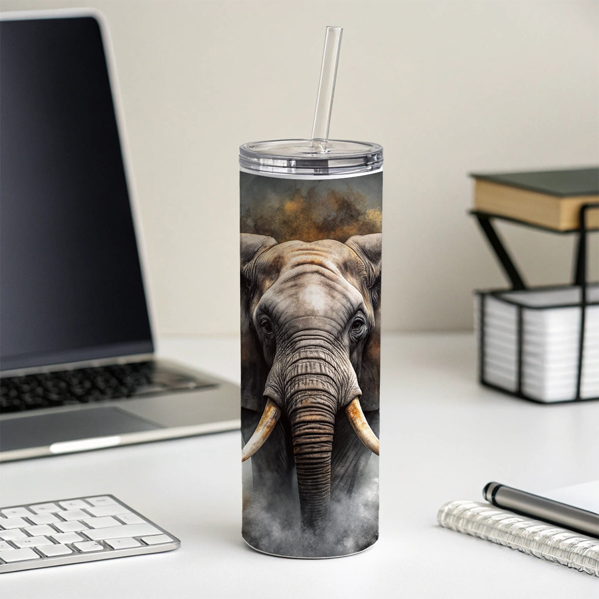 Angry Elephant Black Watercolor Skinny Tumbler 20oz with Straw Insulated Water Bottle Gift