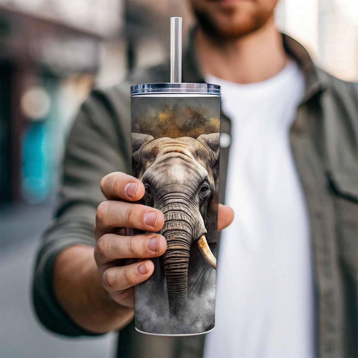 Angry Elephant Black Watercolor Skinny Tumbler 20oz with Straw Insulated Water Bottle Gift