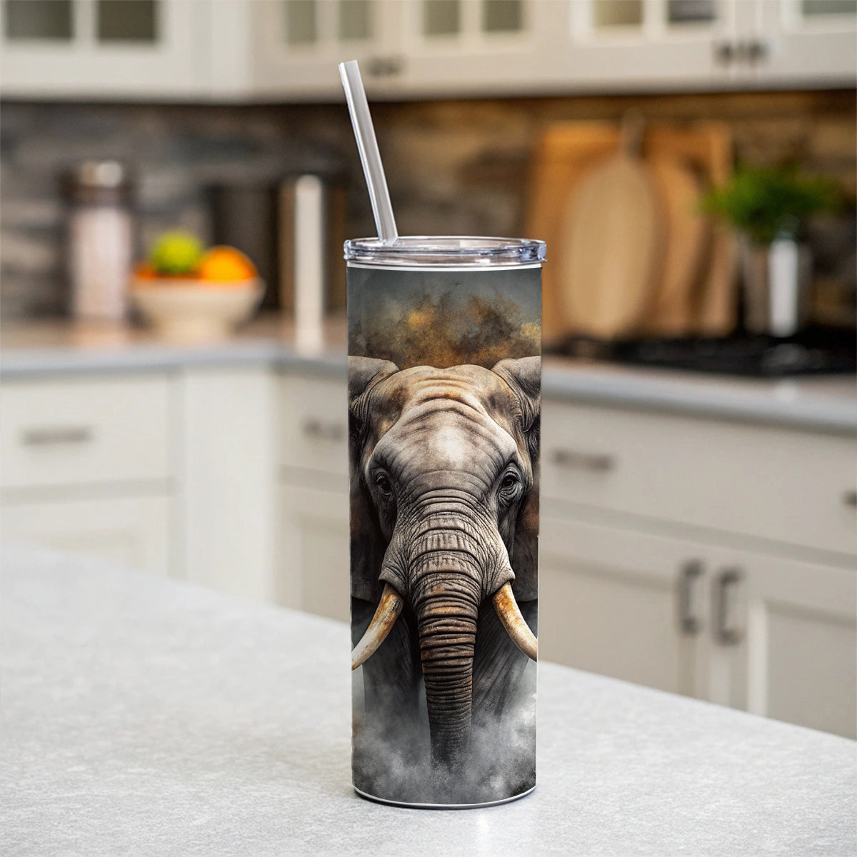 Angry Elephant Black Watercolor Skinny Tumbler 20oz with Straw Insulated Water Bottle Gift