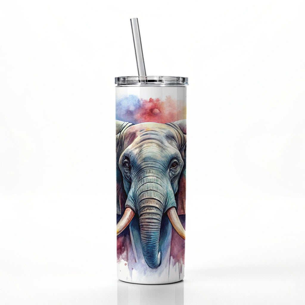 Angry Elephant Colorful Watercolor Skinny Tumbler 20oz with Straw Insulated Water Bottle Gift