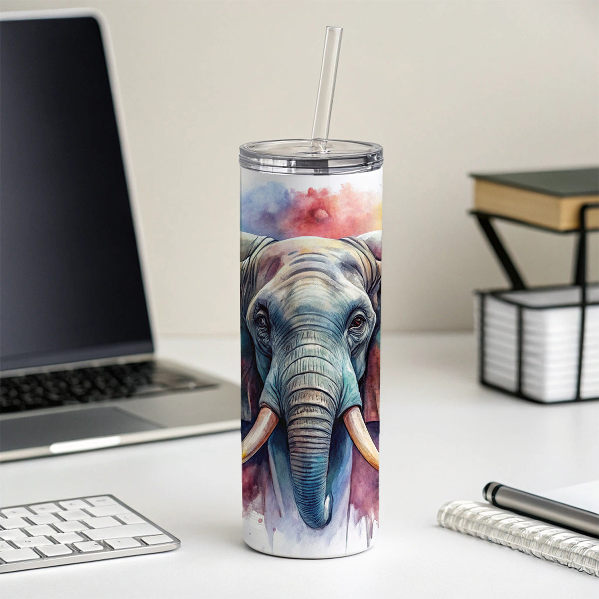 Angry Elephant Colorful Watercolor Skinny Tumbler 20oz with Straw Insulated Water Bottle Gift