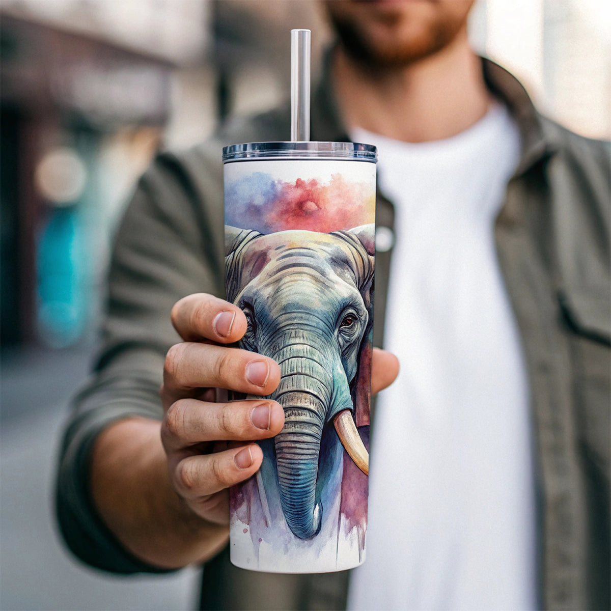 Angry Elephant Colorful Watercolor Skinny Tumbler 20oz with Straw Insulated Water Bottle Gift