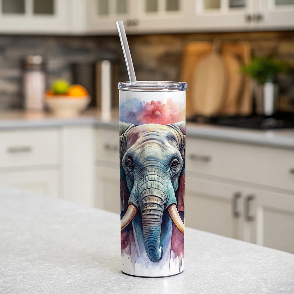 Angry Elephant Colorful Watercolor Skinny Tumbler 20oz with Straw Insulated Water Bottle Gift