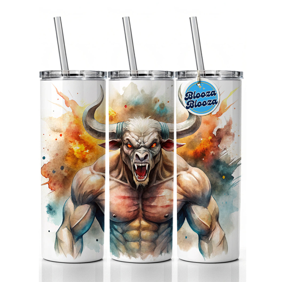 Angry Fantasy Minotaur Watercolor Skinny Tumbler 20oz with Straw Insulated Water Bottle Gift