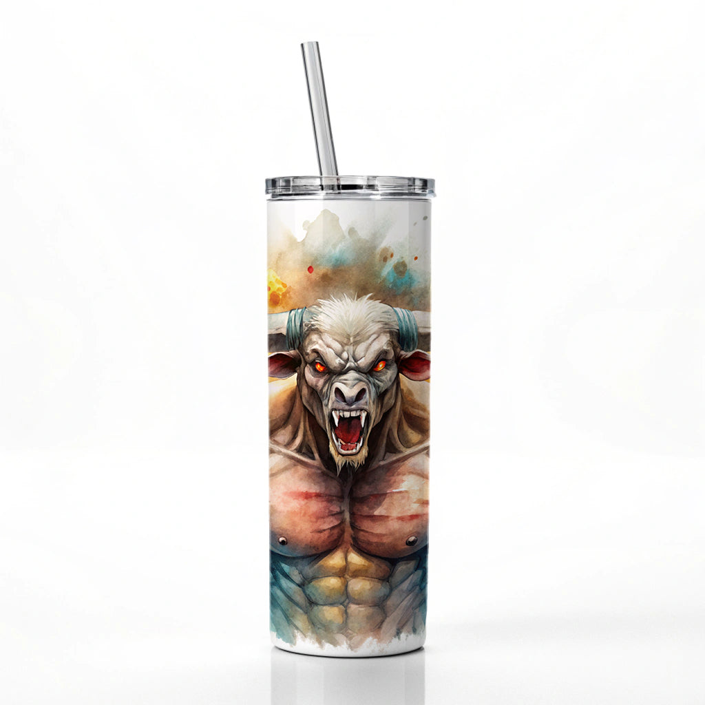 Angry Fantasy Minotaur Watercolor Skinny Tumbler 20oz with Straw Insulated Water Bottle Gift
