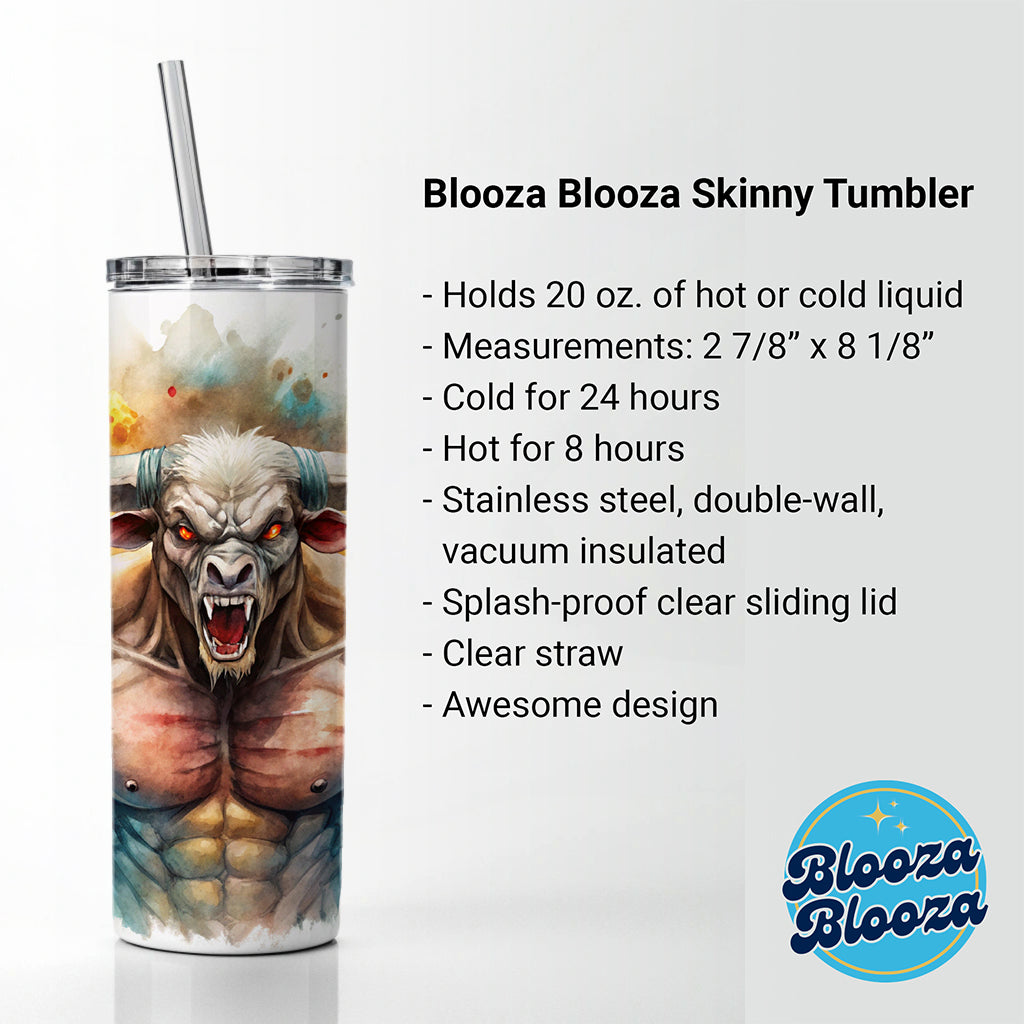 Angry Fantasy Minotaur Watercolor Skinny Tumbler 20oz with Straw Insulated Water Bottle Gift