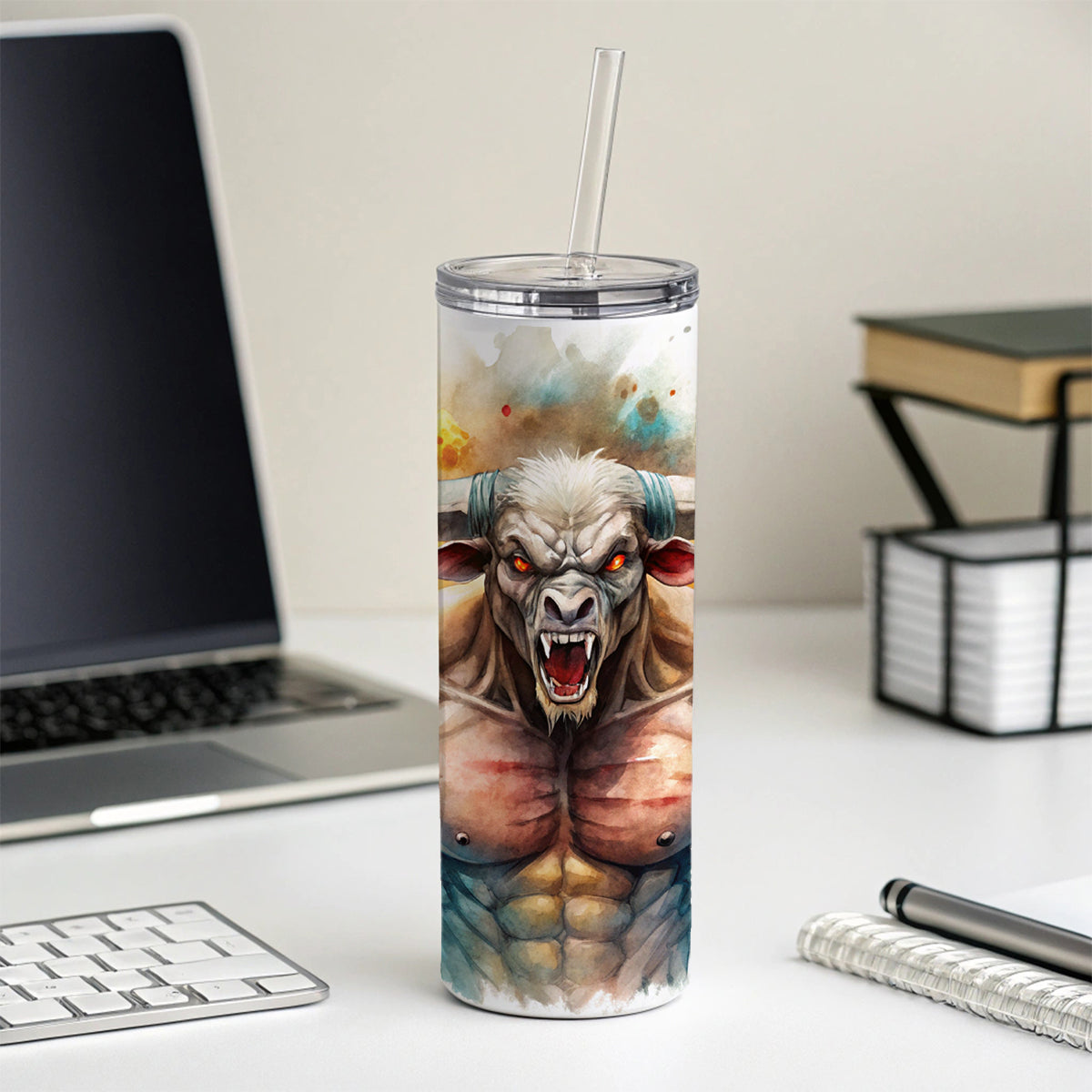 Angry Fantasy Minotaur Watercolor Skinny Tumbler 20oz with Straw Insulated Water Bottle Gift