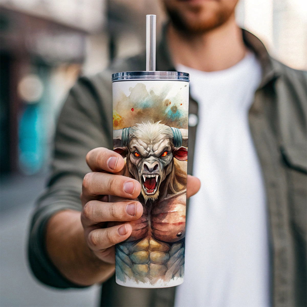 Angry Fantasy Minotaur Watercolor Skinny Tumbler 20oz with Straw Insulated Water Bottle Gift