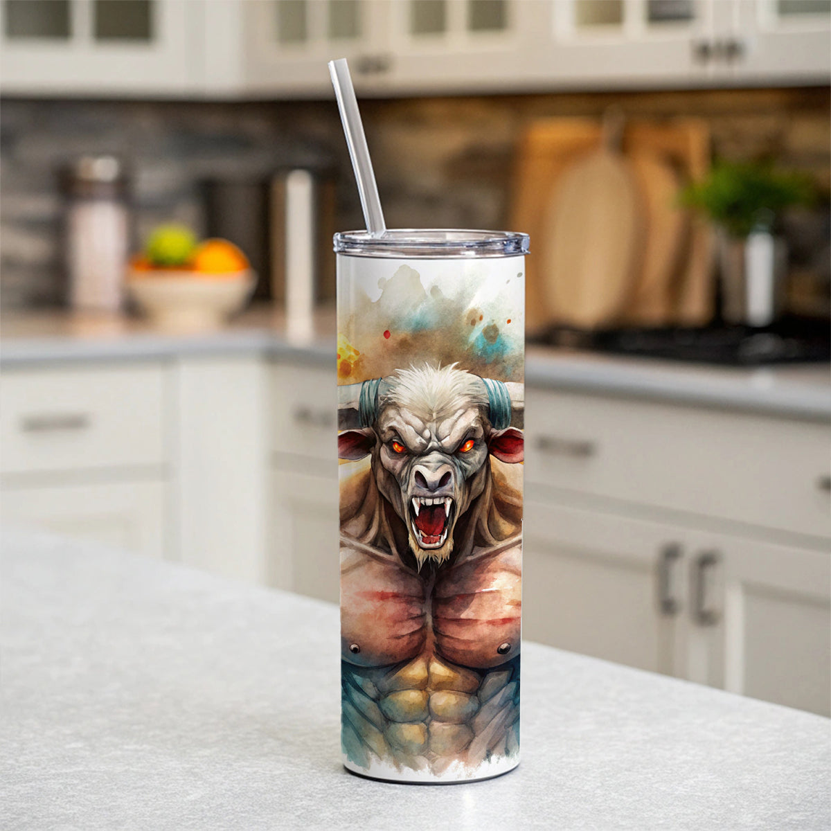Angry Fantasy Minotaur Watercolor Skinny Tumbler 20oz with Straw Insulated Water Bottle Gift