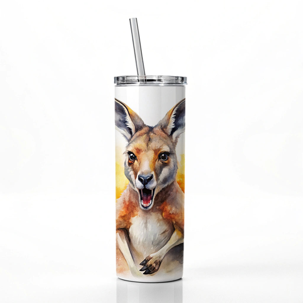 Angry Kangaroo Watercolor Skinny Tumbler 20oz with Straw Insulated Water Bottle Gift