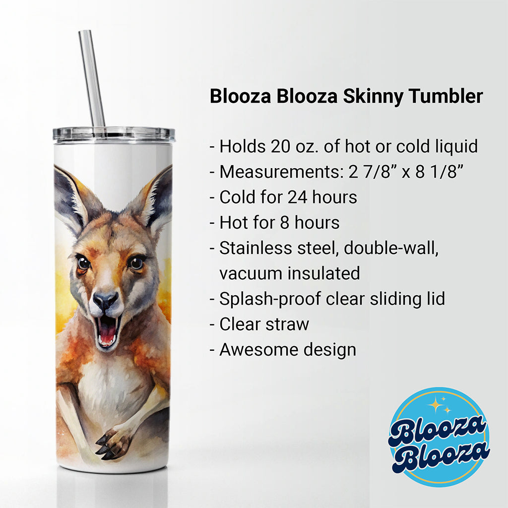 Angry Kangaroo Watercolor Skinny Tumbler 20oz with Straw Insulated Water Bottle Gift