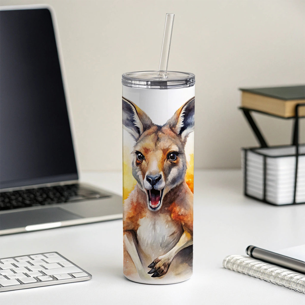 Angry Kangaroo Watercolor Skinny Tumbler 20oz with Straw Insulated Water Bottle Gift