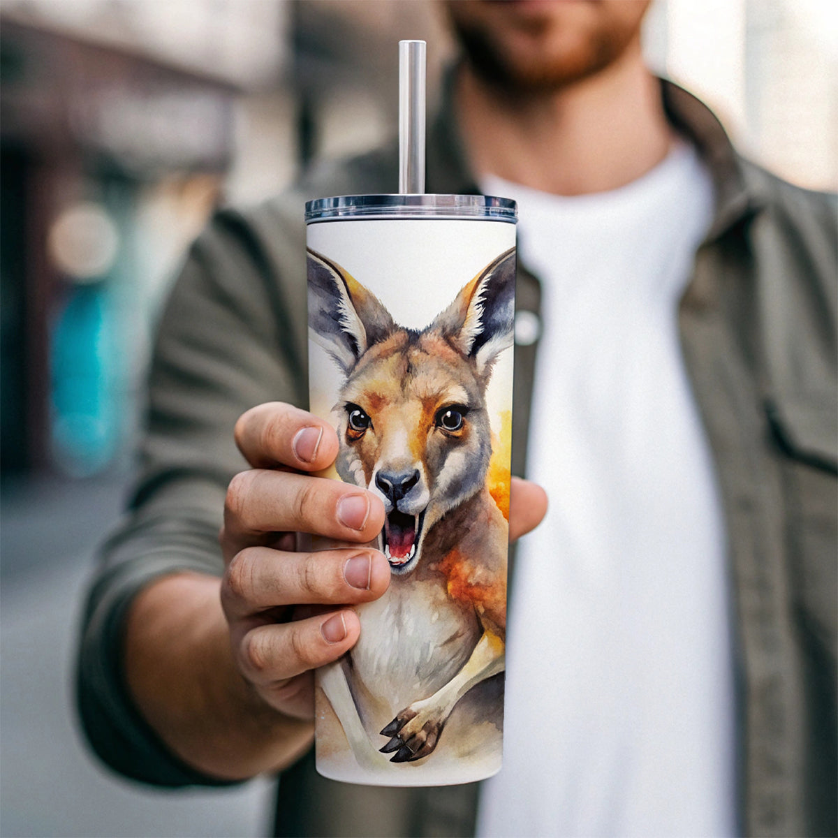 Angry Kangaroo Watercolor Skinny Tumbler 20oz with Straw Insulated Water Bottle Gift